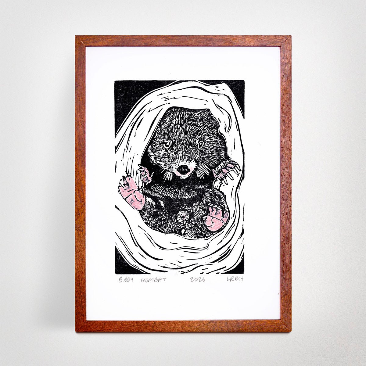 Baby Wombat - Original linoprint - Little Rowan Redhead