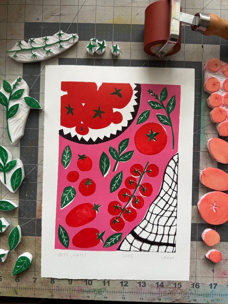 Best Mates - Original Tomato and Basil Linoprint - Little Rowan Redhead