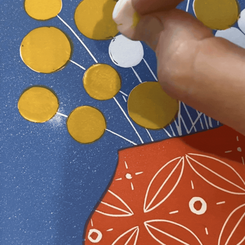 Process of showing the Billy Buttons being printed with a stamp.