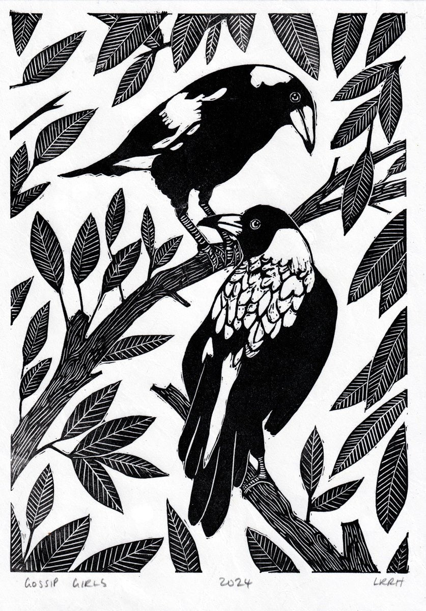 Original linoprint artwork featuring two Australian magpies.