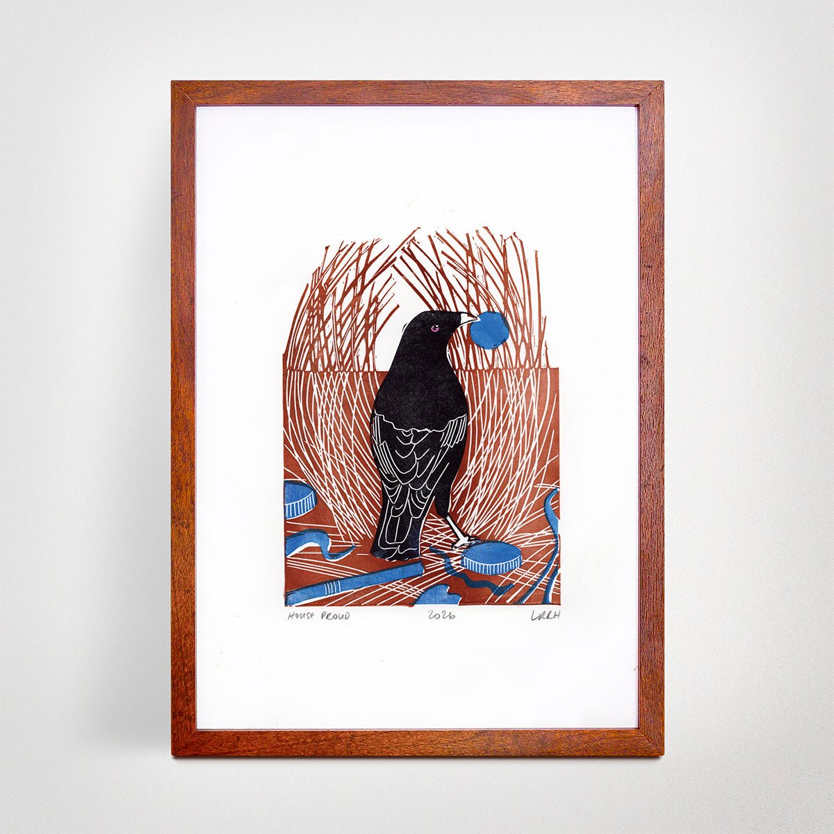 House Proud - Bowerbird Original Linoprint - Little Rowan Redhead