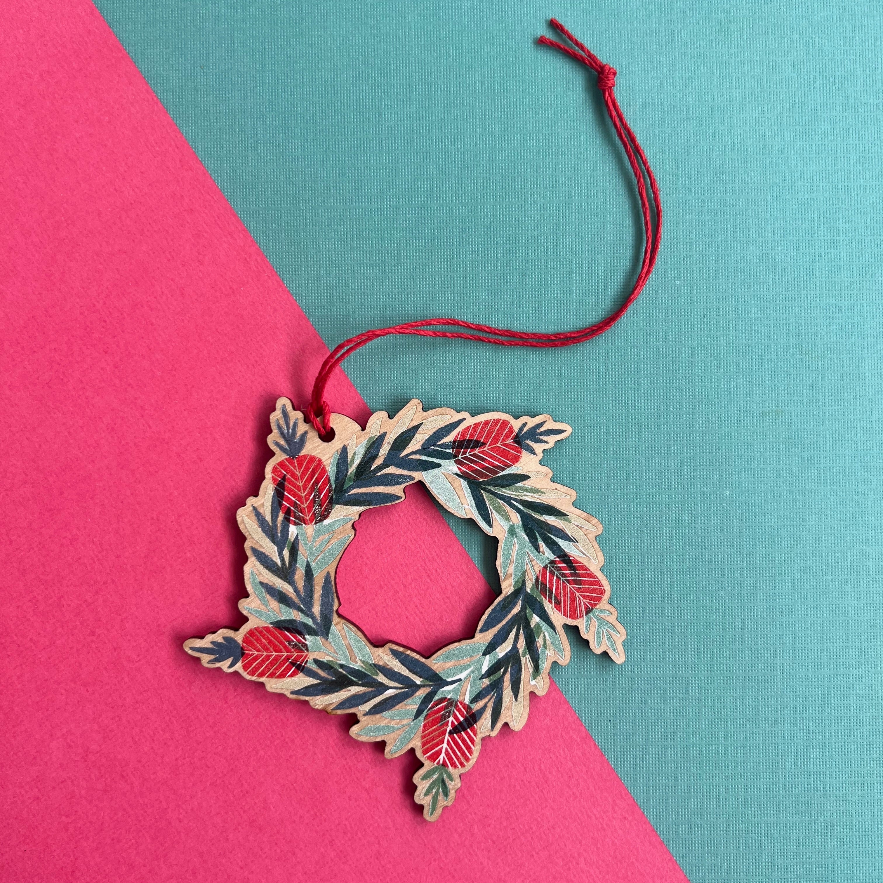 Bottlebrush Wreath - Wooden Christmas Ornament - Little Rowan Redhead