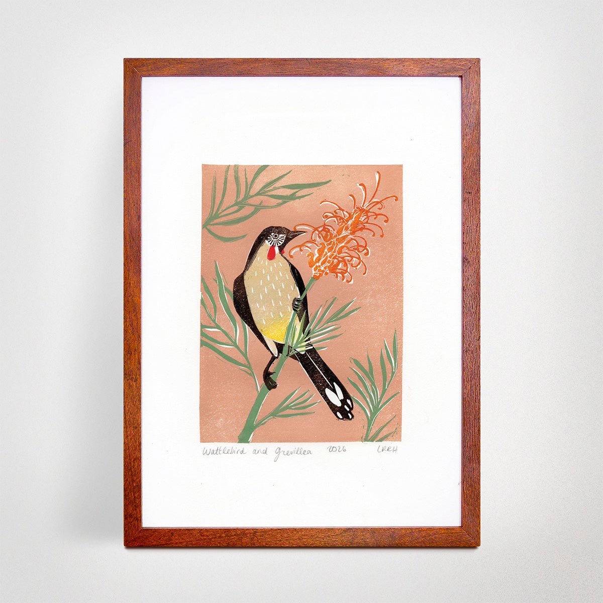Wattlebird and Grevillea - Original Linoprint - Little Rowan Redhead