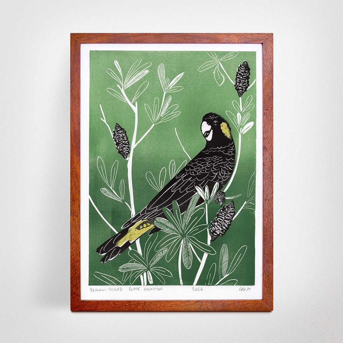 Yellow-Tailed Black Cockatoo - Original Linoprint - Little Rowan Redhead