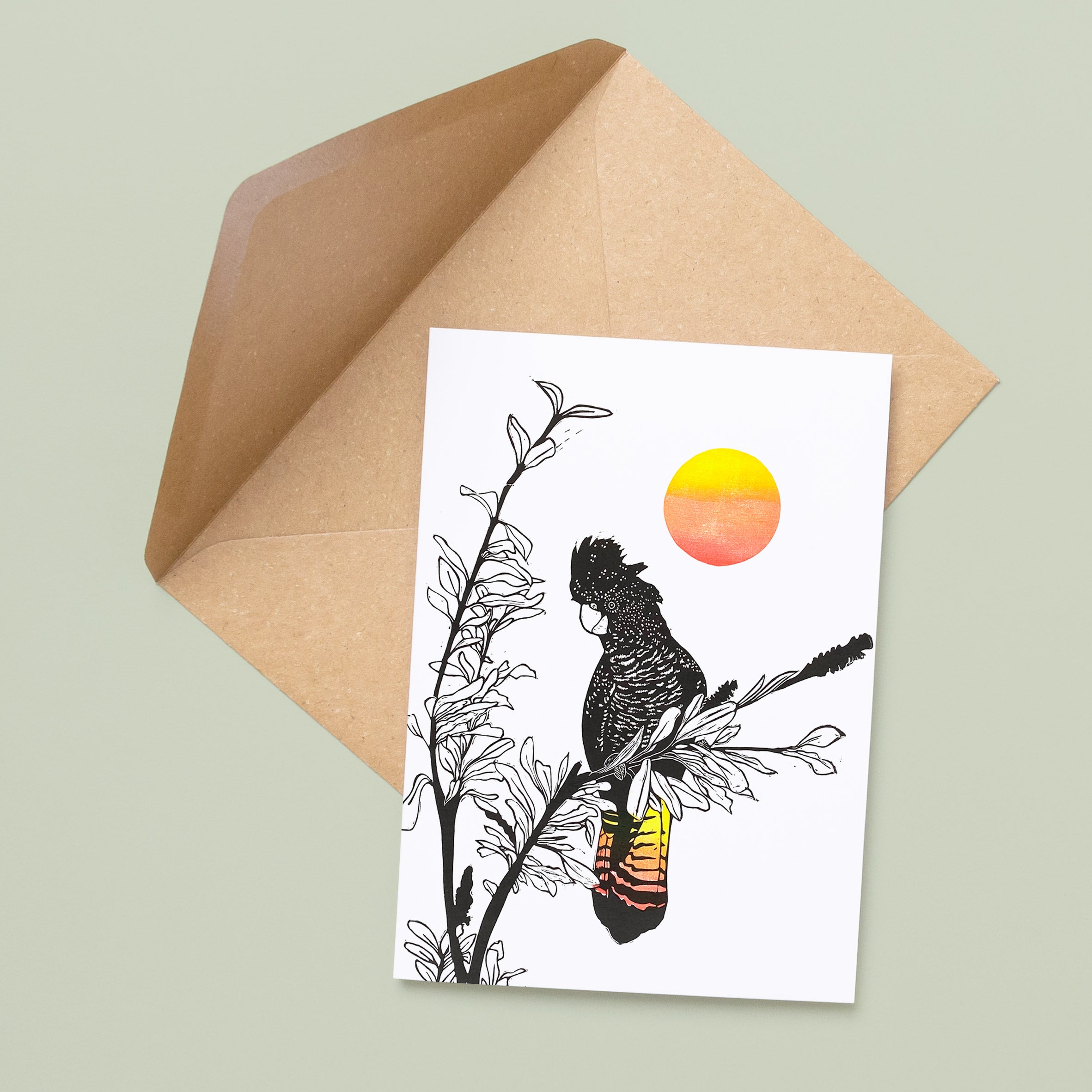 Black Cockatoo Red Sun - A6 Greeting Card - Little Rowan Redhead