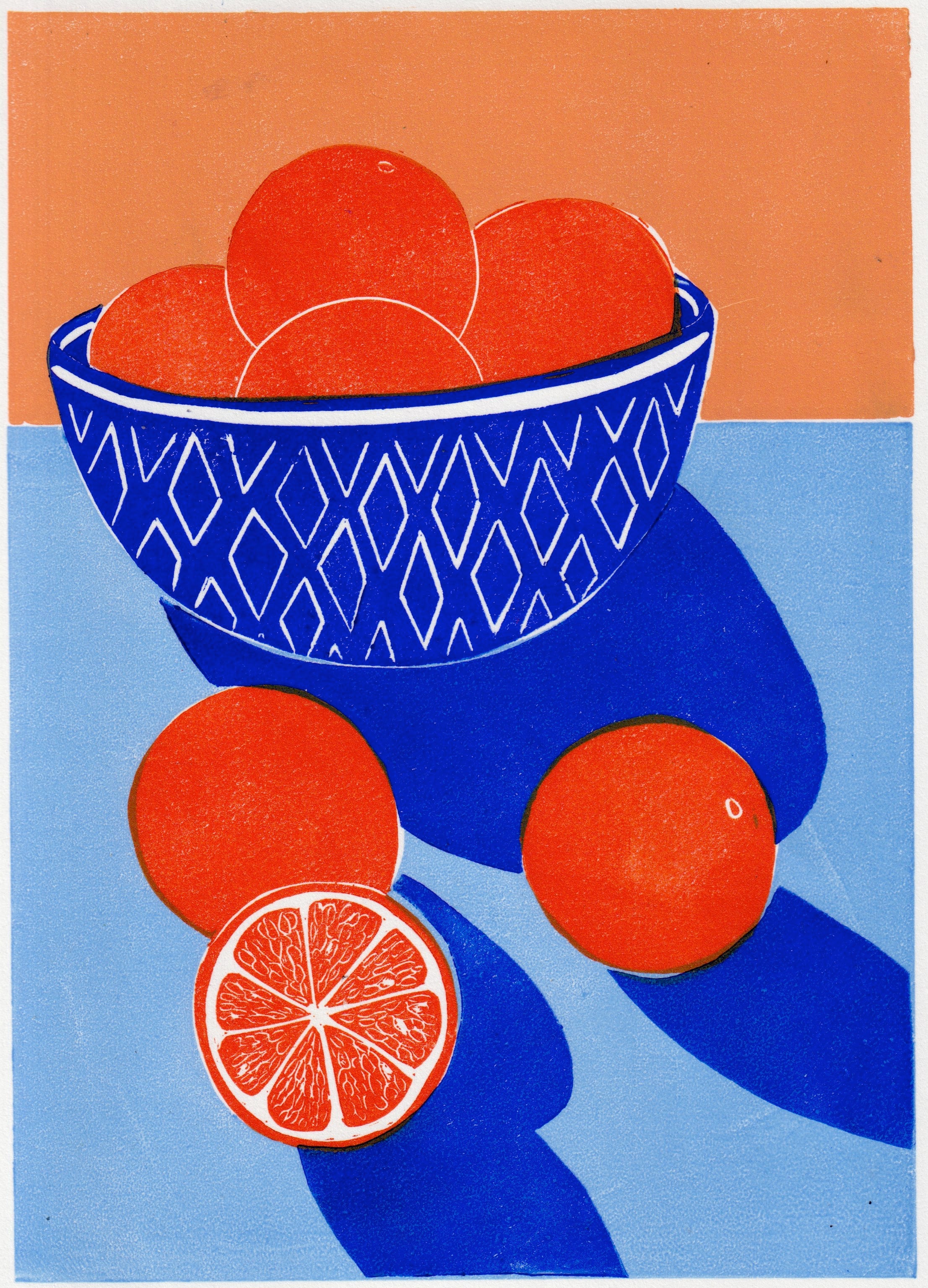 Illustration of a blue bowl with red oranges on an orange and blue background