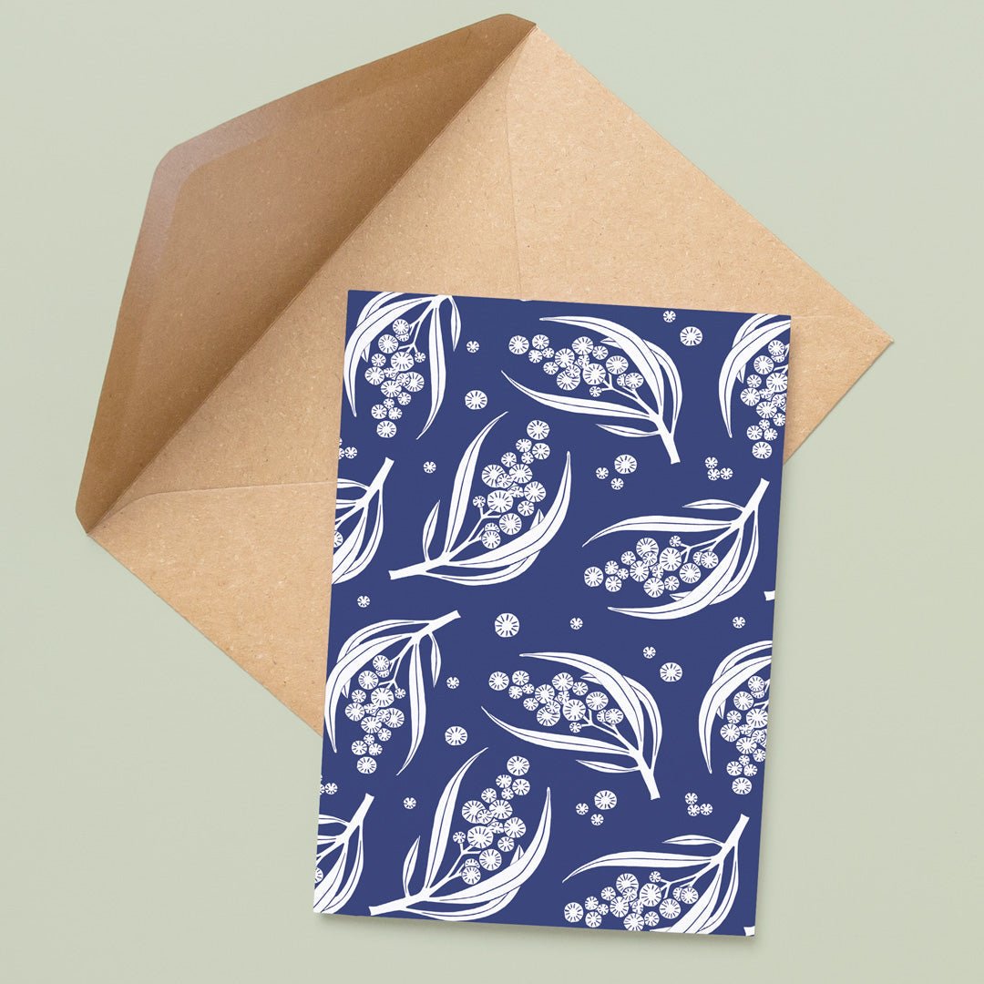 Wattle on Blue - A6 Greeting Card (Wholesale) - Little Rowan Redhead