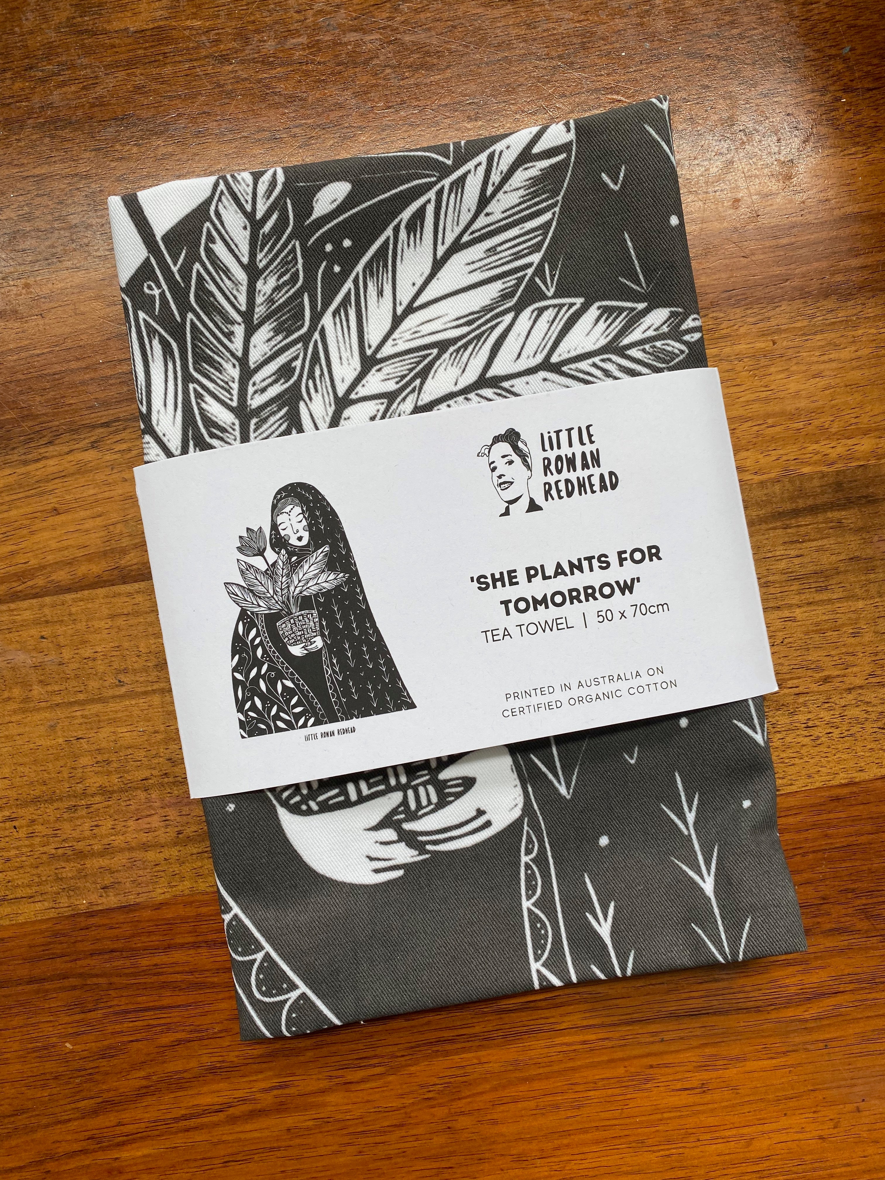Organic cotton tea towel - She plants for tomorrow - Little Rowan Redhead