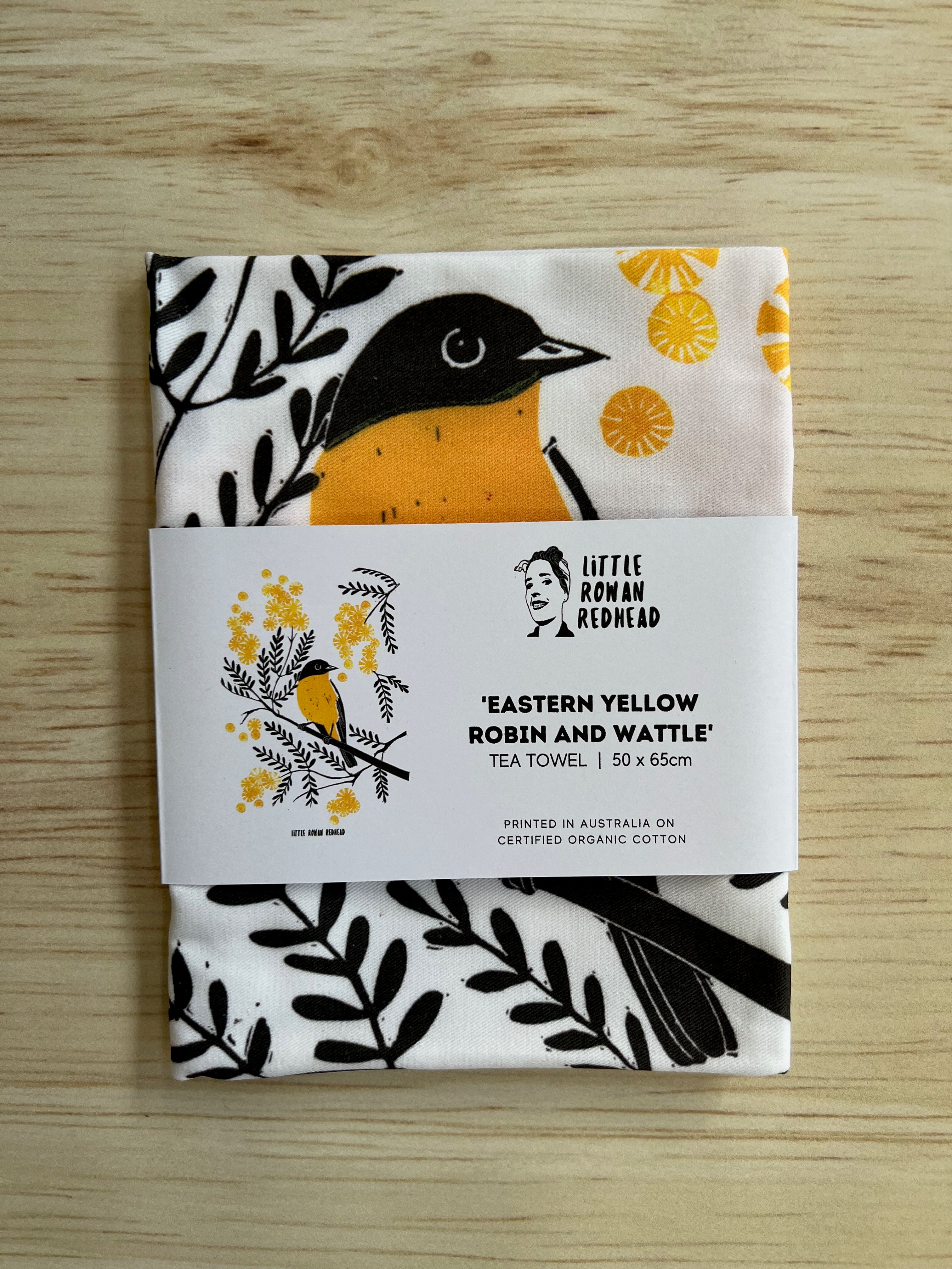 Eastern Yellow Robin and Wattle Tea Towel - Little Rowan Redhead