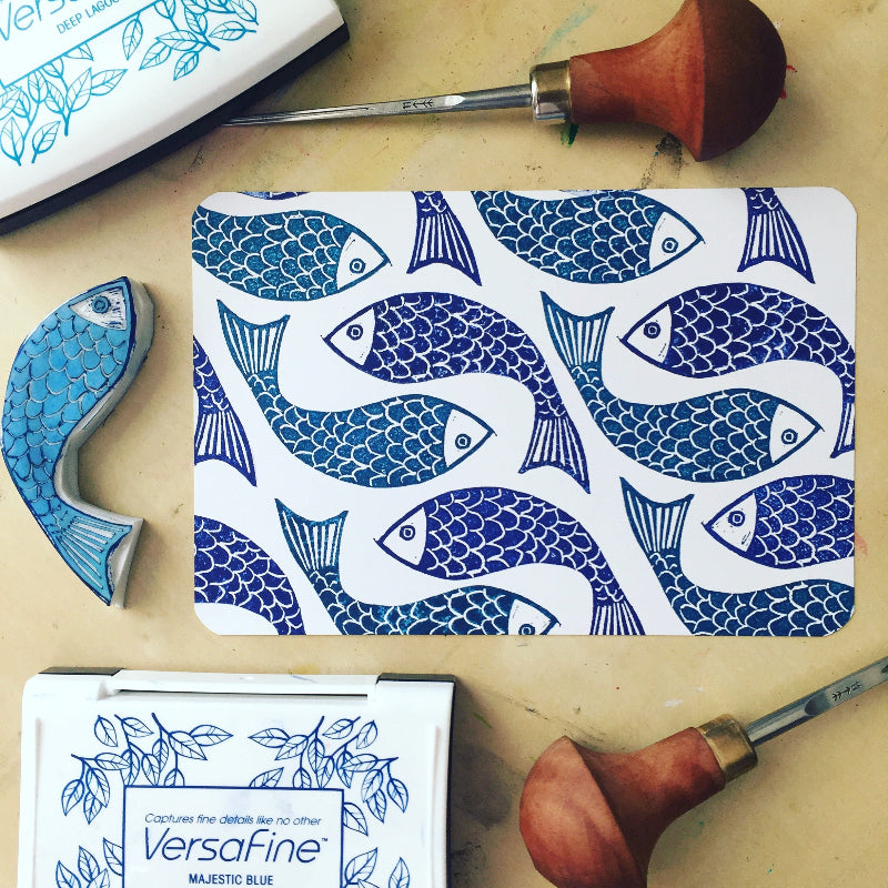 Image of printed fish pattern, block printing, rubber stamp, printmaking class