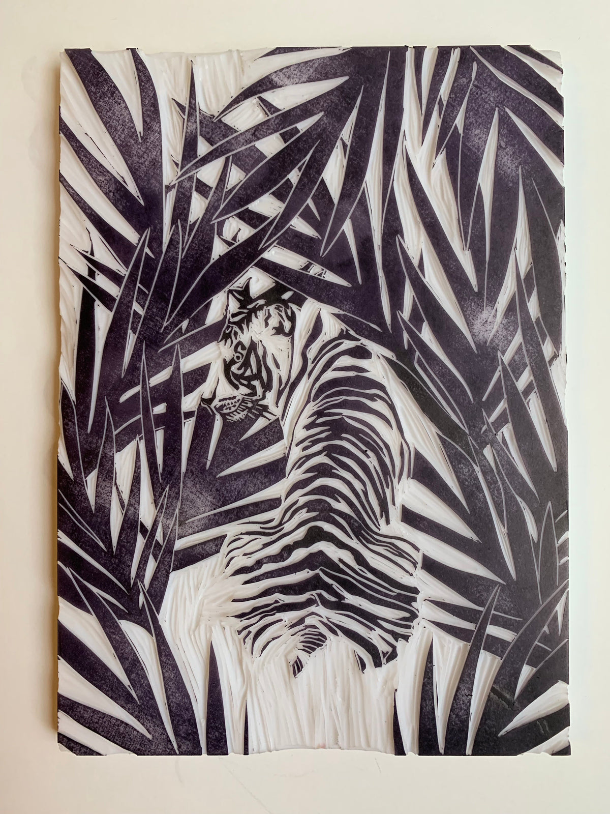 Jungle tiger linocut print, wild animal handmade linoprint, limited edition, kids room wall art, tropical wall decor, big cat block print
