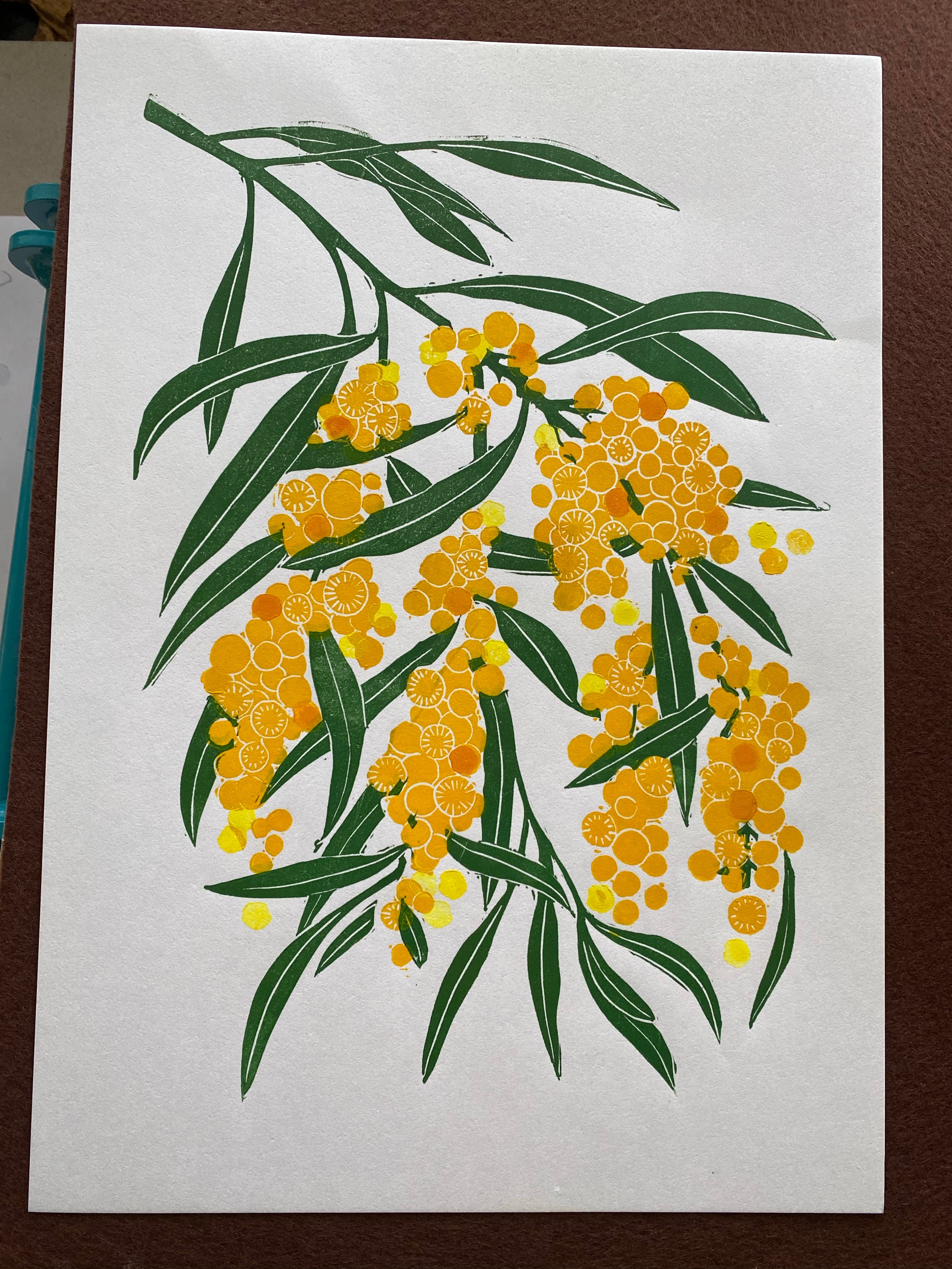 ‘Cascade’- Golden Wattle Linoprint - Little Rowan Redhead