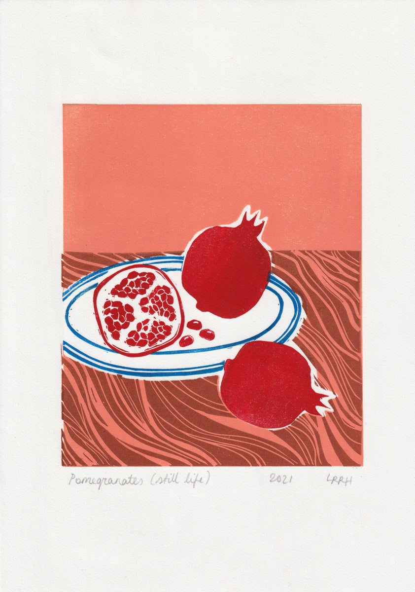 Pomegranate Still Life Linoprint, original artwork, handmade in Sydney