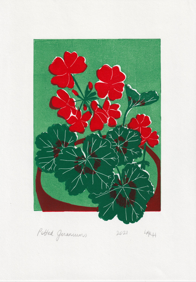 Potted Geraniums Linoprint, original artwork, handmade in Sydney