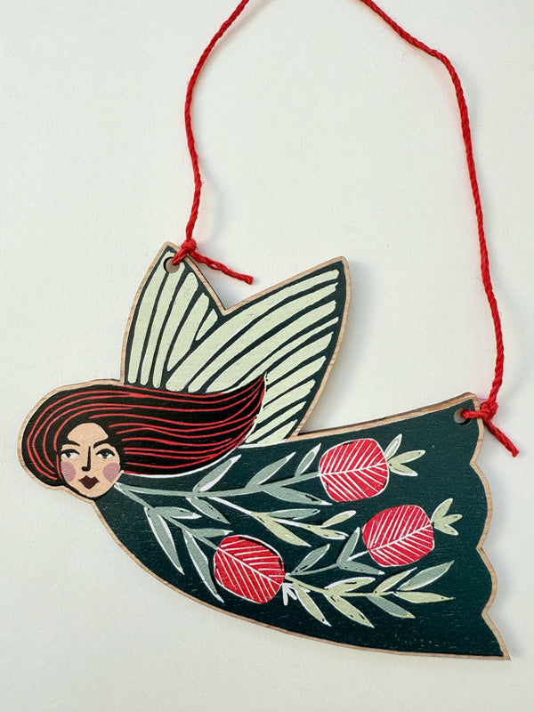 Wooden Christmas fairy ornament featuring native bottle brush flowers strung with hemp cord, made in Australia and available for wholesale. 