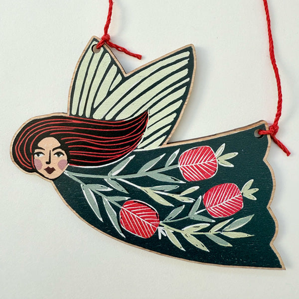 Wooden Christmas fairy ornament featuring native bottle brush flowers strung with hemp cord, made in Australia and available for wholesale. 
