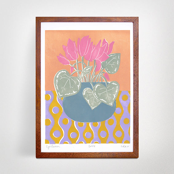 Pink cyclamen linoprint art, handmade in Australia, affordable artwork for the home