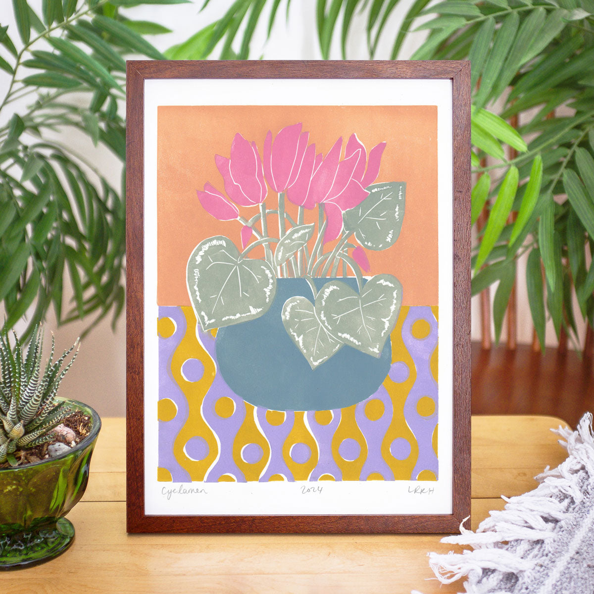 Pink cyclamen linoprint art, handmade in Australia, affordable artwork for the home