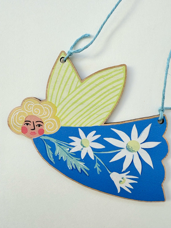 Wooden Christmas fairy ornament featuring native flannel flowers, strung with hemp cord. Made in Australia and available for wholesale.  