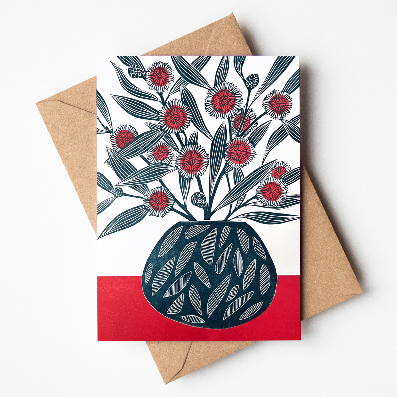 Greeting card featuring a bold linoprint of  hakea flowers in a vase,  colourful Australian botanical stationery