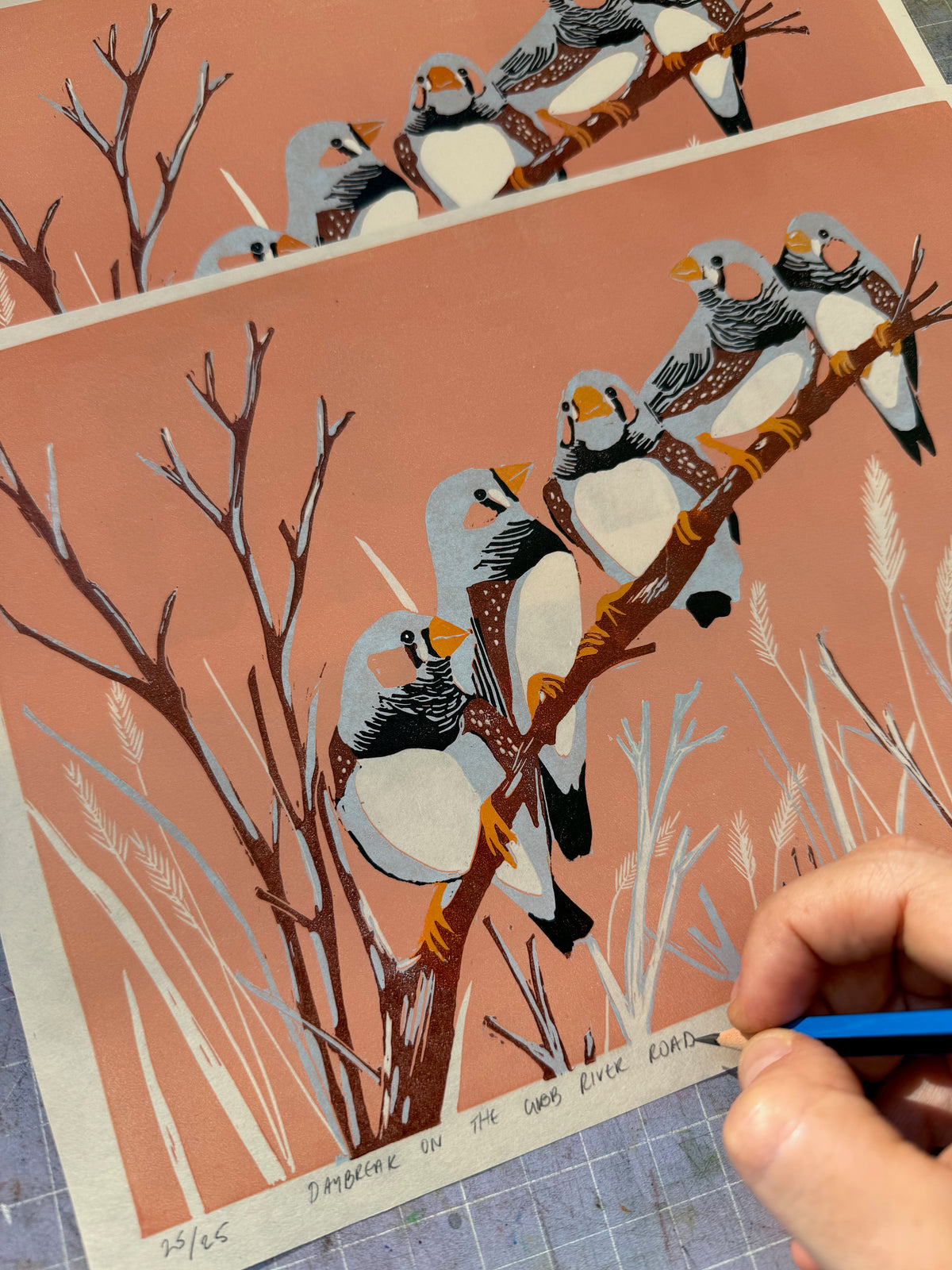 Zebra Finch Reduction Linoprint - Made by hand in Australia