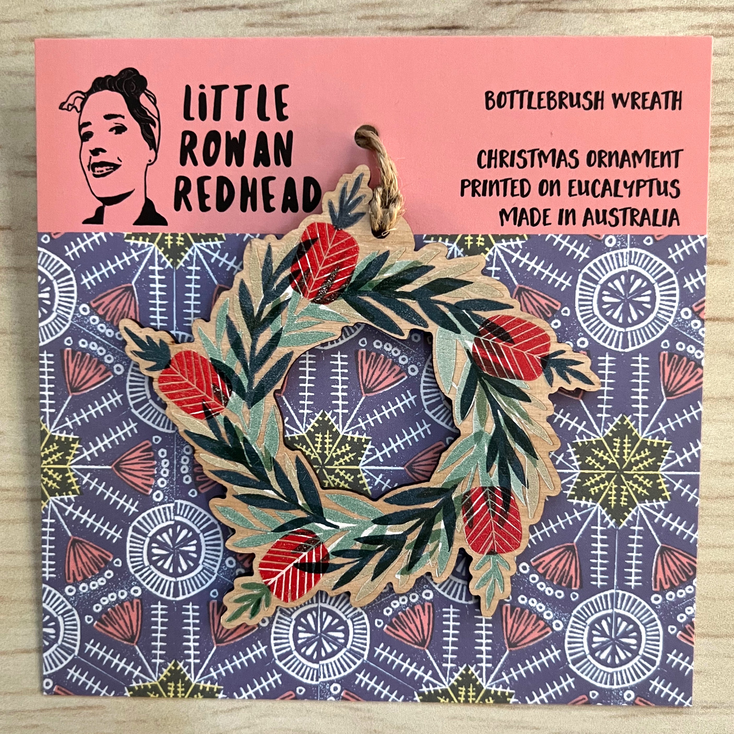 Bottlebrush Wreath - Wooden Christmas Ornament - Little Rowan Redhead