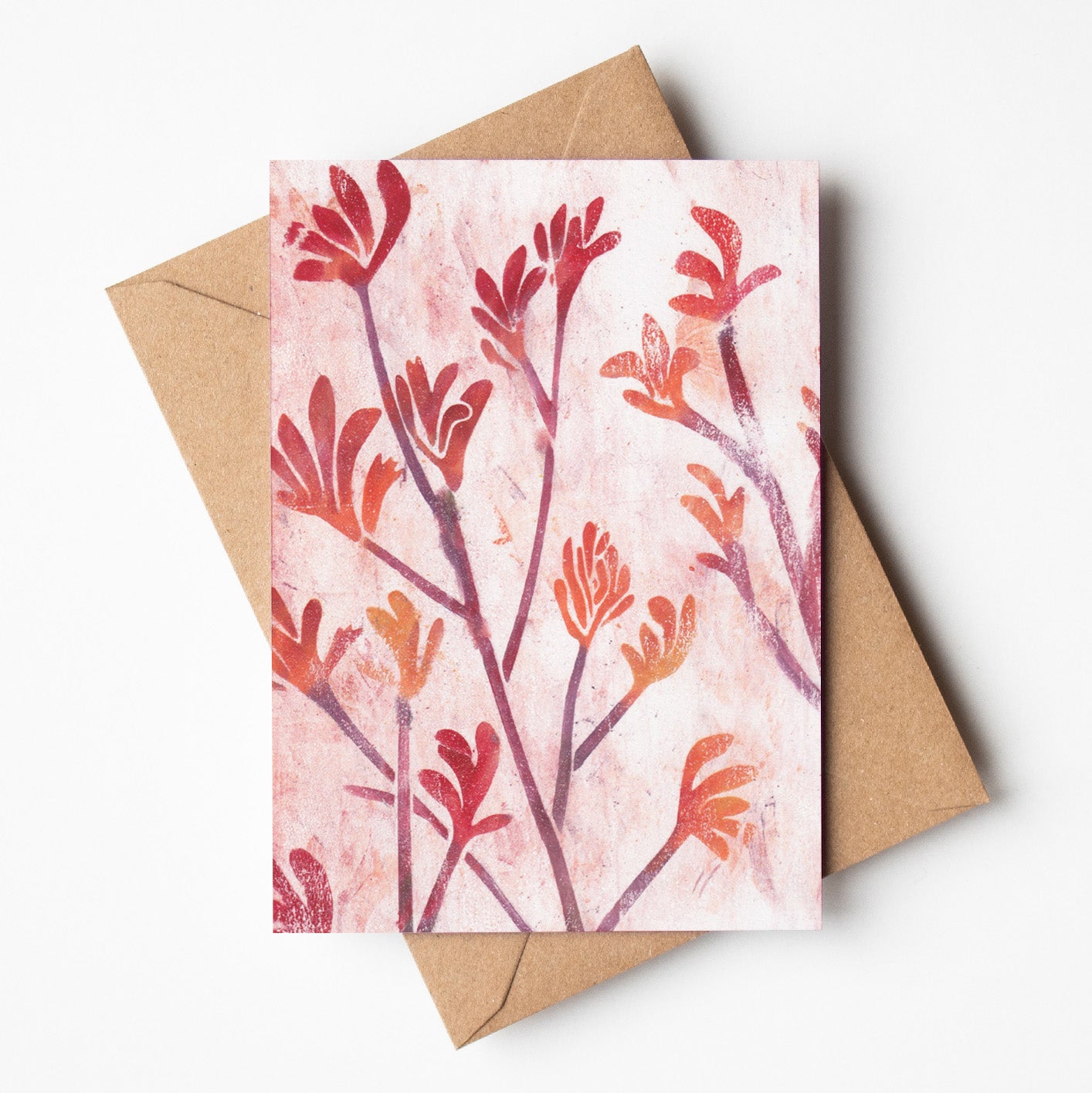 Greeting card featuring native kangaroo paw flowers, wholesale stationery made in Australia