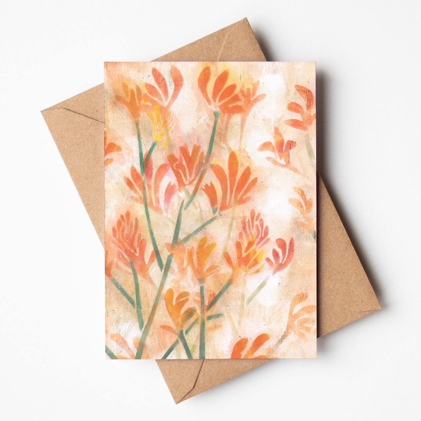 Greeting card featuring native kangaroo paw flowers, wholesale stationery made in Australia