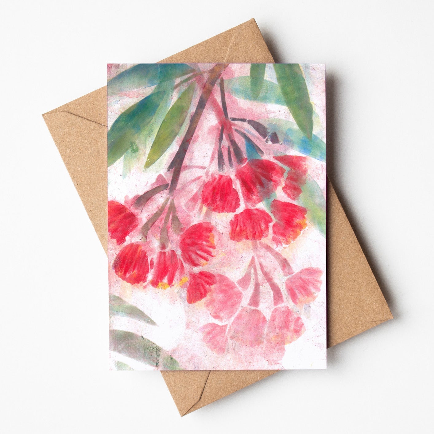 Greeting card featuring native gum flowers, wholesale stationery made in Australia