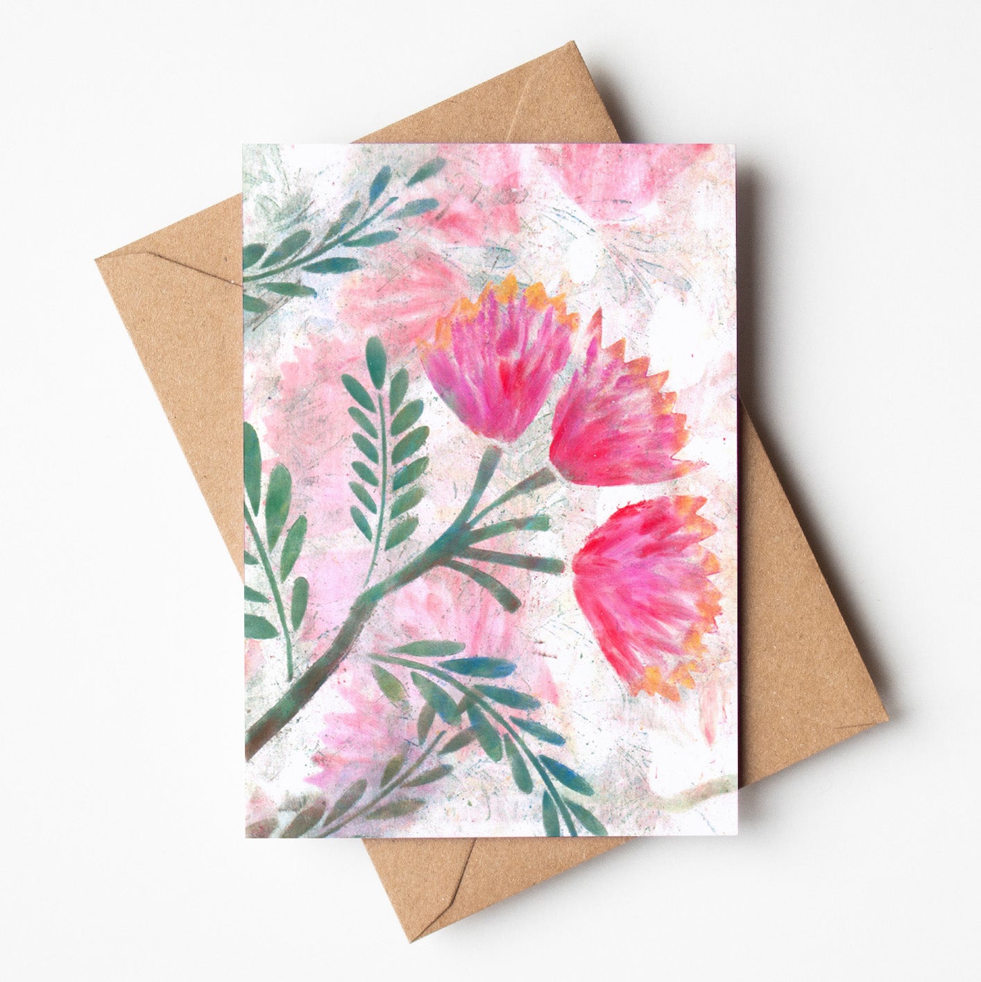 Greeting card featuring mimosa flowers, wholesale stationery made in Australia