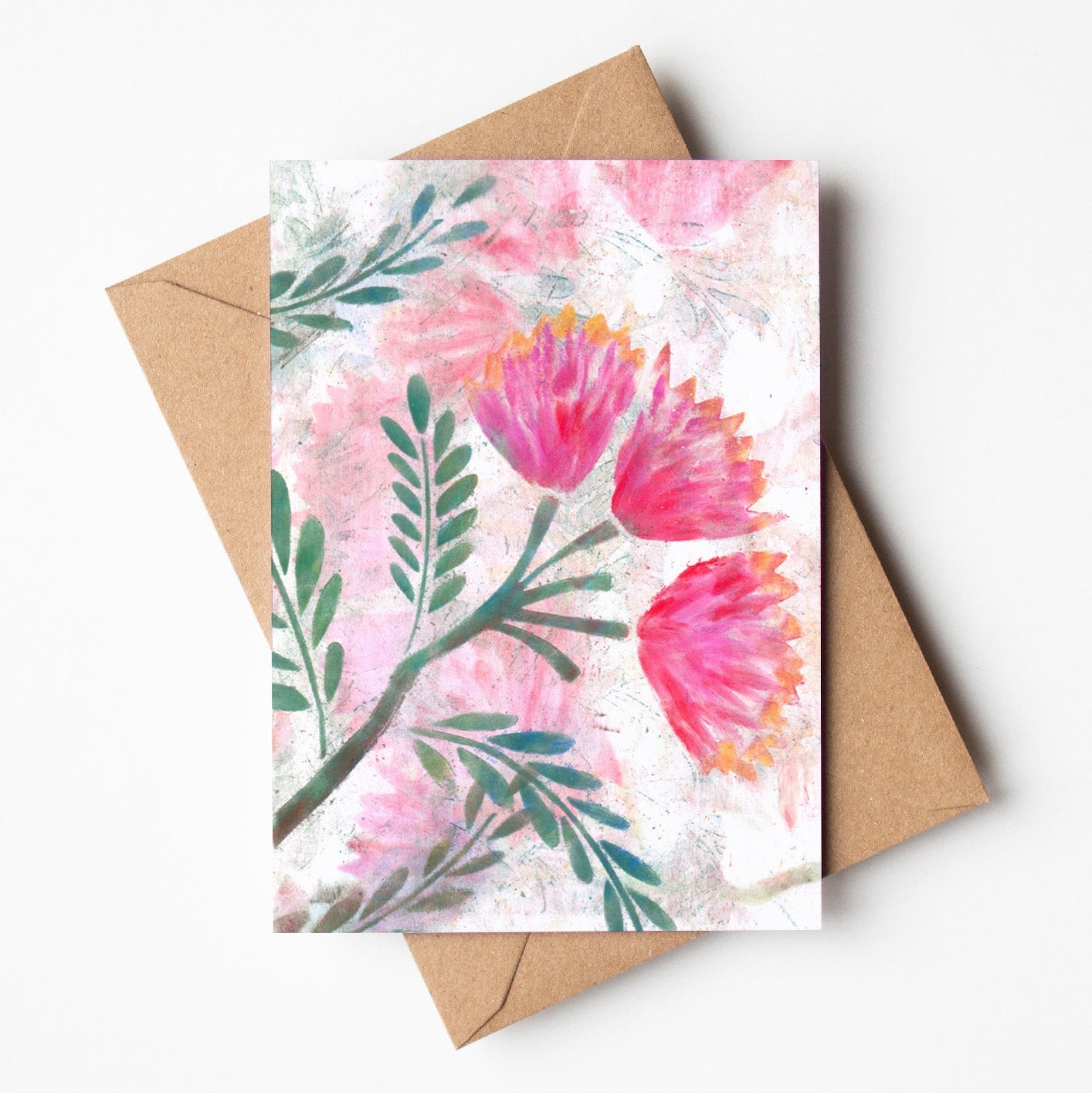 Greeting card featuring mimosa flowers, wholesale stationery made in Australia