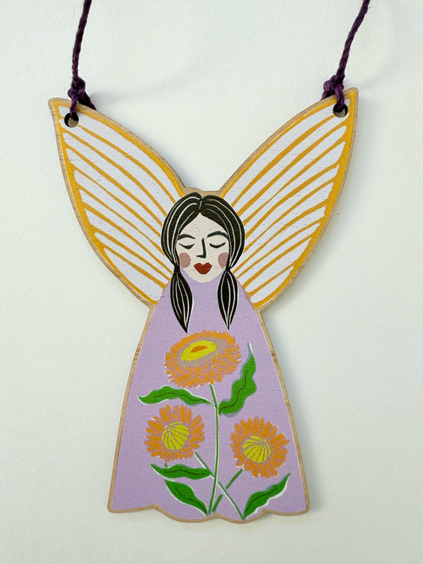 Wooden Christmas fairy ornament made in Australia, featuring paper daisies and strung with hemp cord, available for wholesale. 
