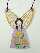 Wooden Christmas fairy ornament made in Australia, featuring paper daisies and strung with hemp cord, available for wholesale. 