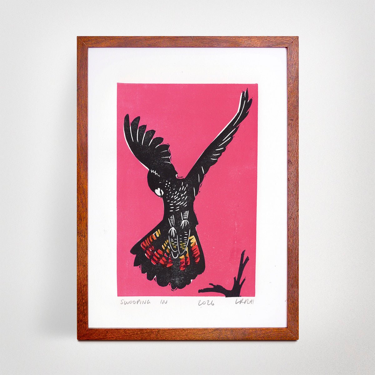 Swooping In - Black Cockatoo Original Linoprint - Little Rowan Redhead