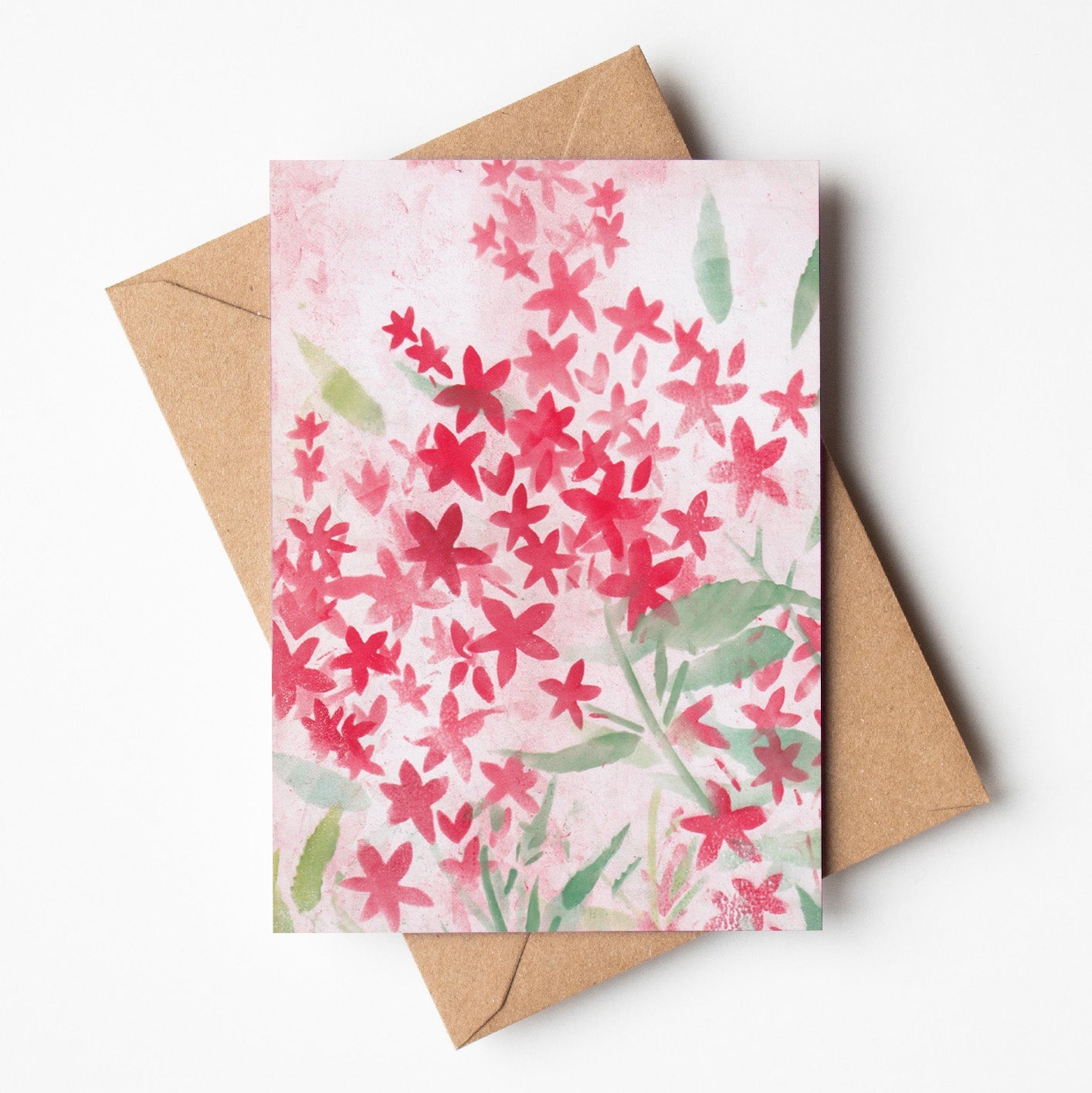 Greeting card featuring soft monoprint of native Chrismtas Bush flowers, wholesale stationery made in Australia”