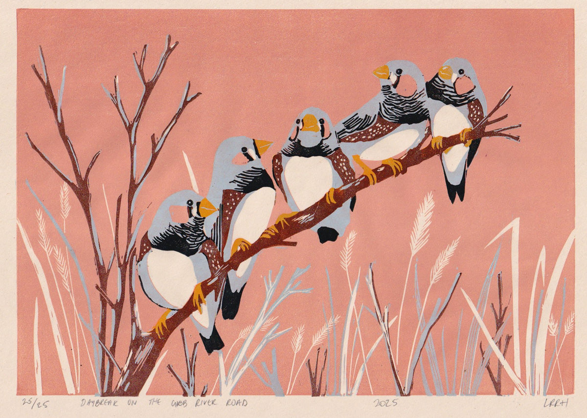 Zebra Finch Reduction Linoprint - Made by hand in Australia