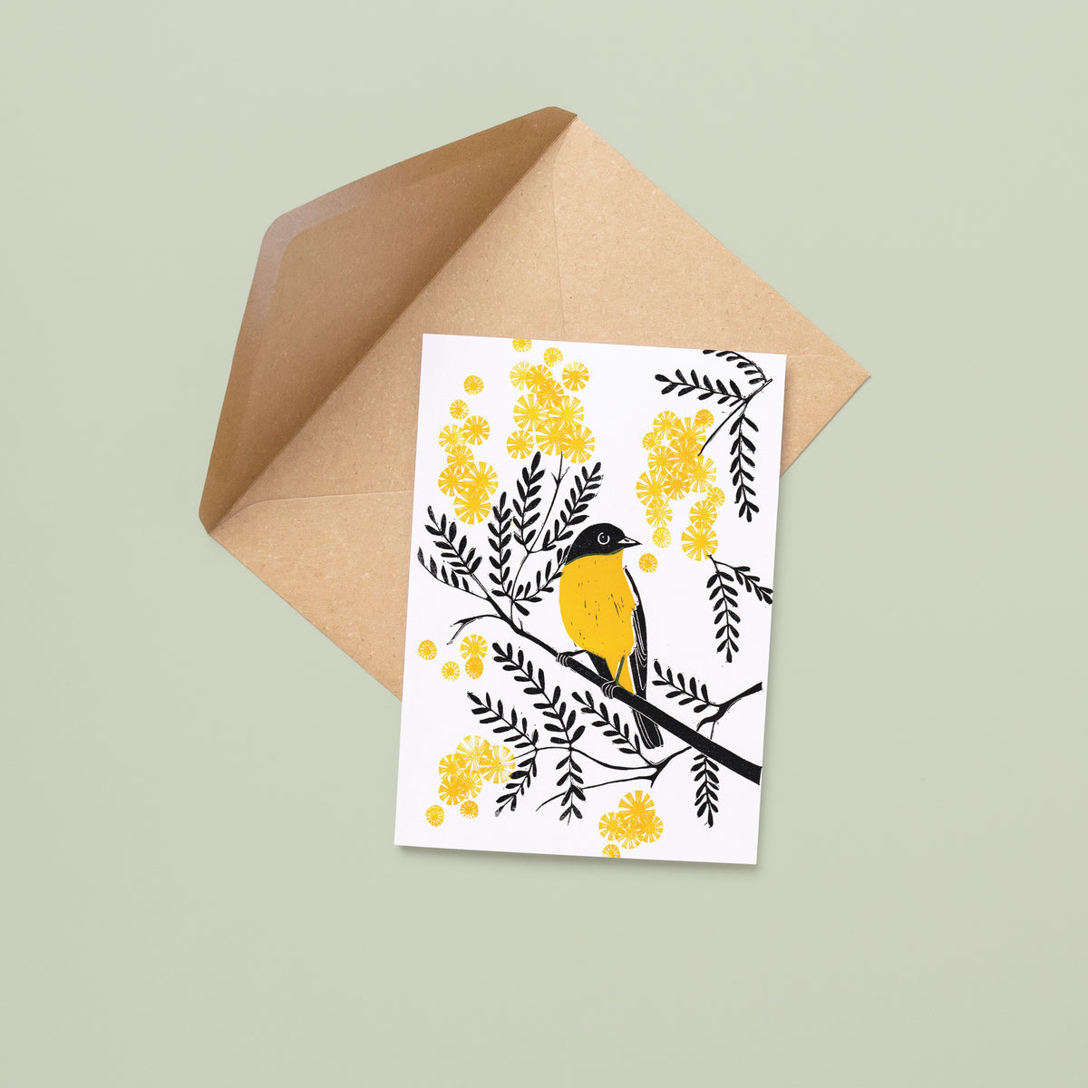 Yellow Eastern Robin and Wattle - A6 Greeting Card