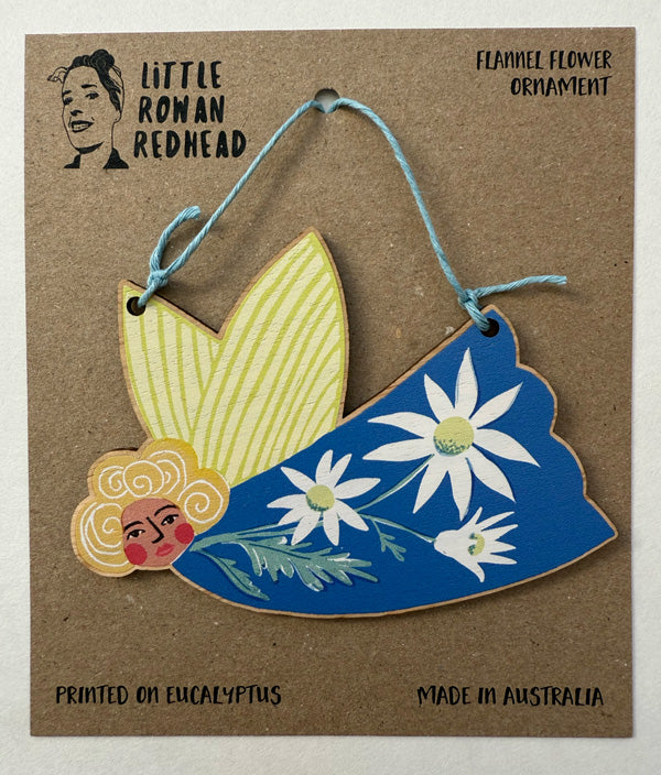 Wooden Christmas fairy ornament featuring native flannel flowers, strung with hemp cord. Made in Australia and available for wholesale.  