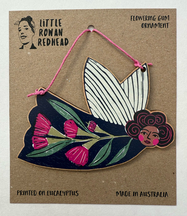 Wooden Christmas Fairy Ornament featuring flowering gum design, strung with hemp cord, made in Australia and available to wholesale. 