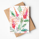 Greeting card featuring native grevillea flowers, wholesale stationery made in Australia
