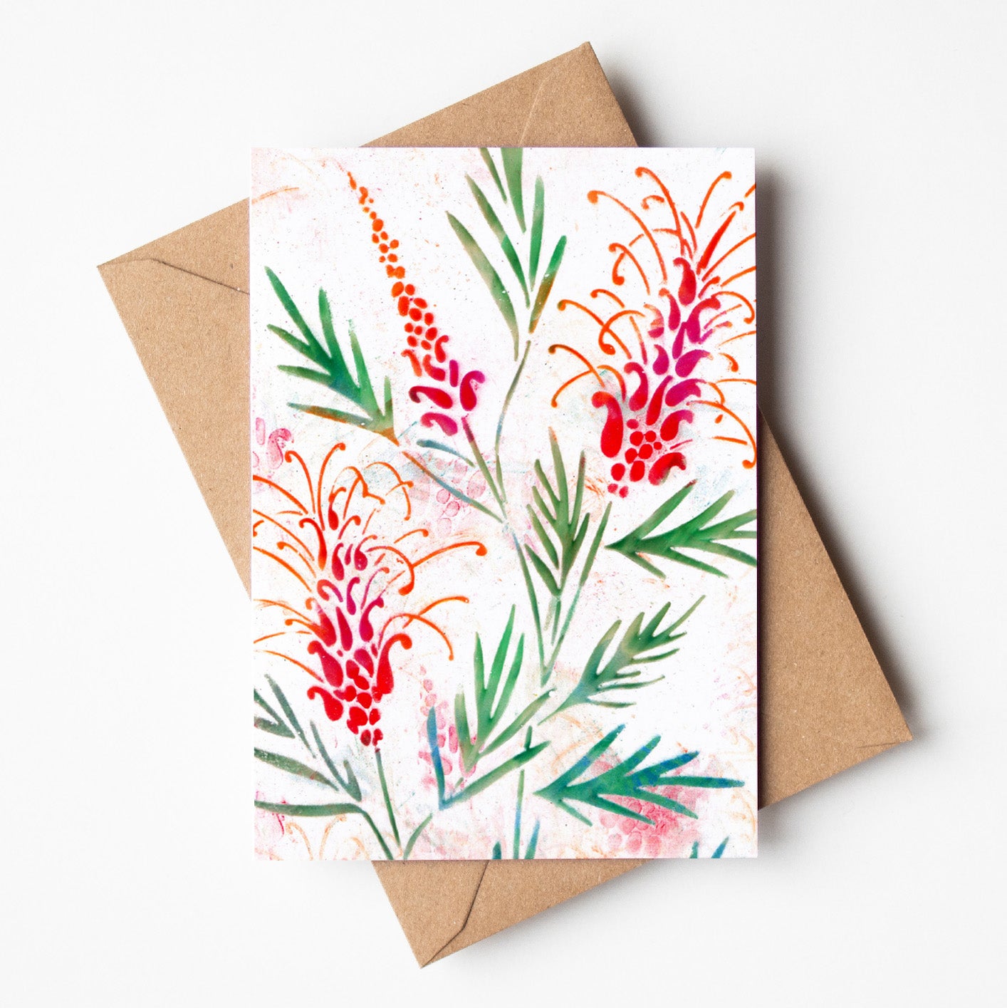 Greeting card featuring native grevillea flowers, wholesale stationery made in Australia