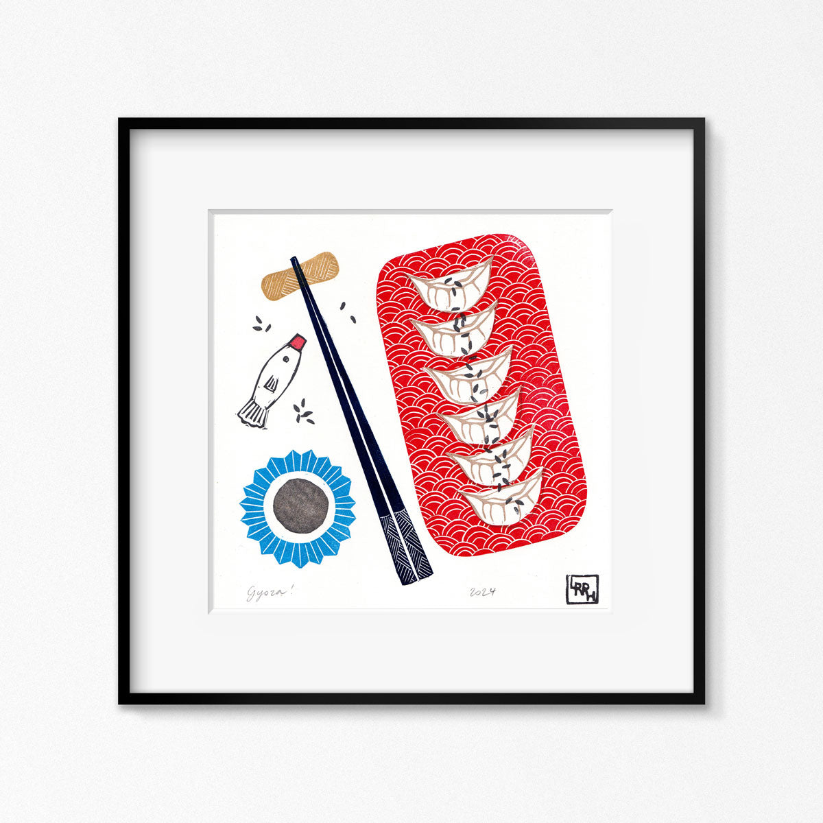 Linoprint artwork of a plate of gyoza dumplings, bold modern food art handmade in Australia