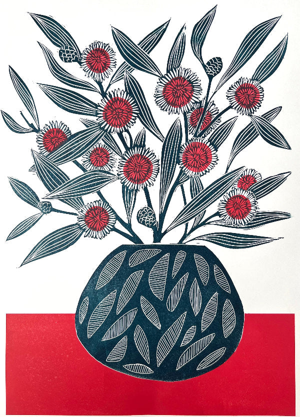 Australian native flower hakea laurina linoprint art, made in Australia