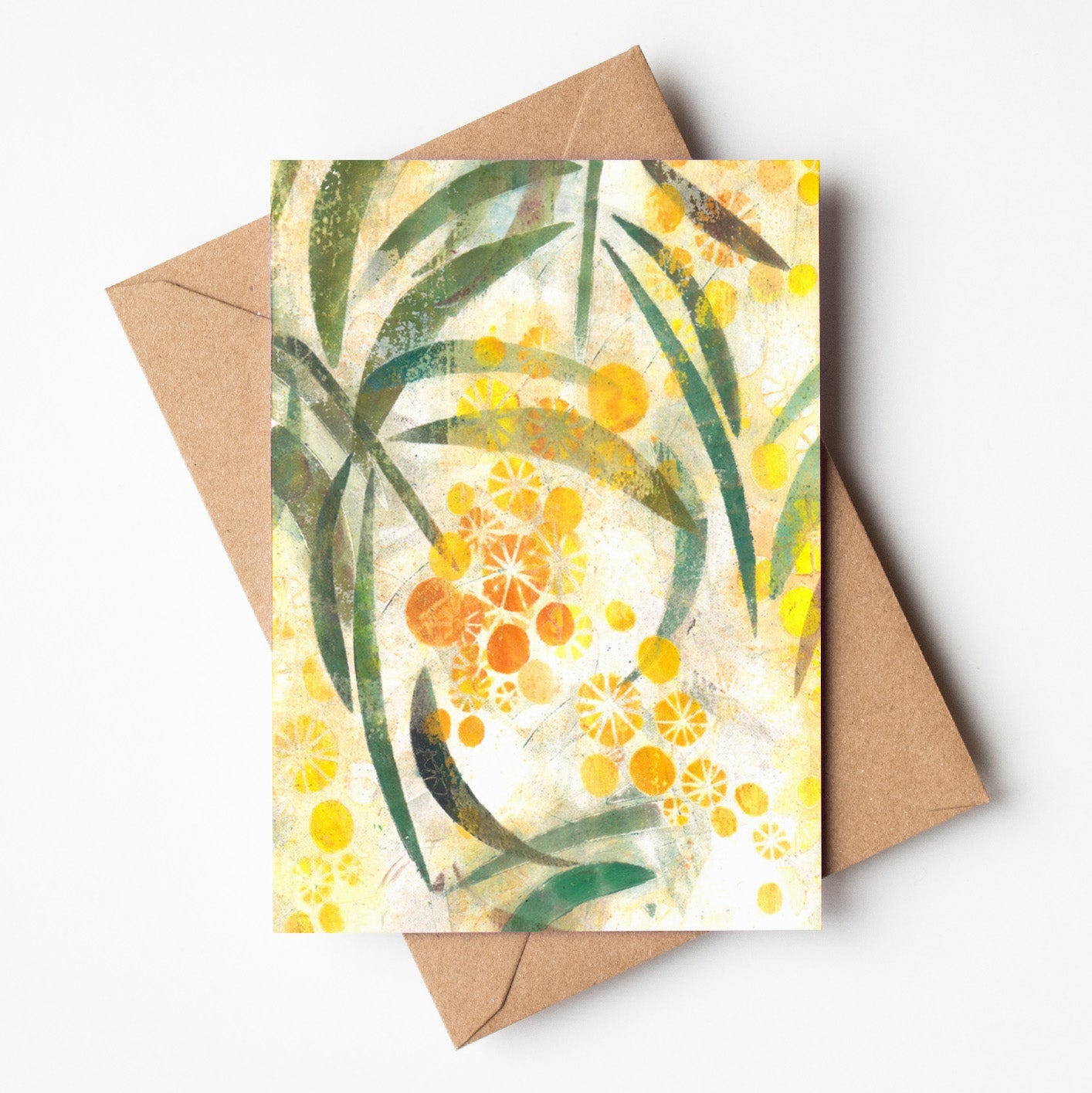 Greeting card featuring soft monoprint of native wattle flowers, wholesale stationery made in Australia”