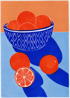 Illustration of a blue bowl with red oranges on an orange and blue background