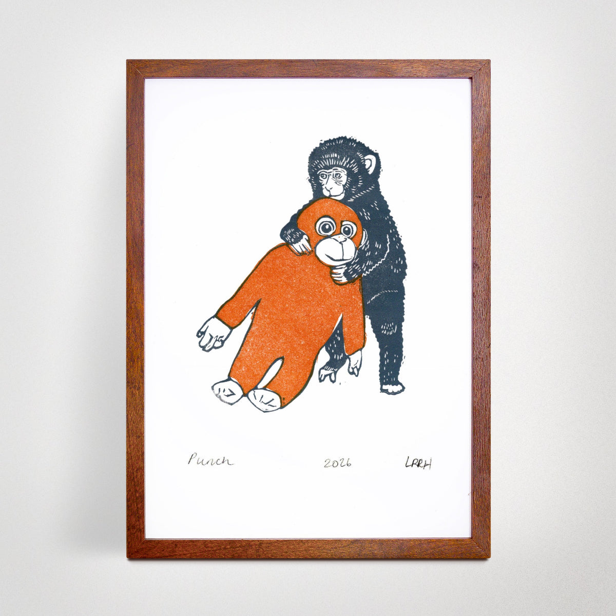 Punch baby macaque linocut print hand carved on washi paper