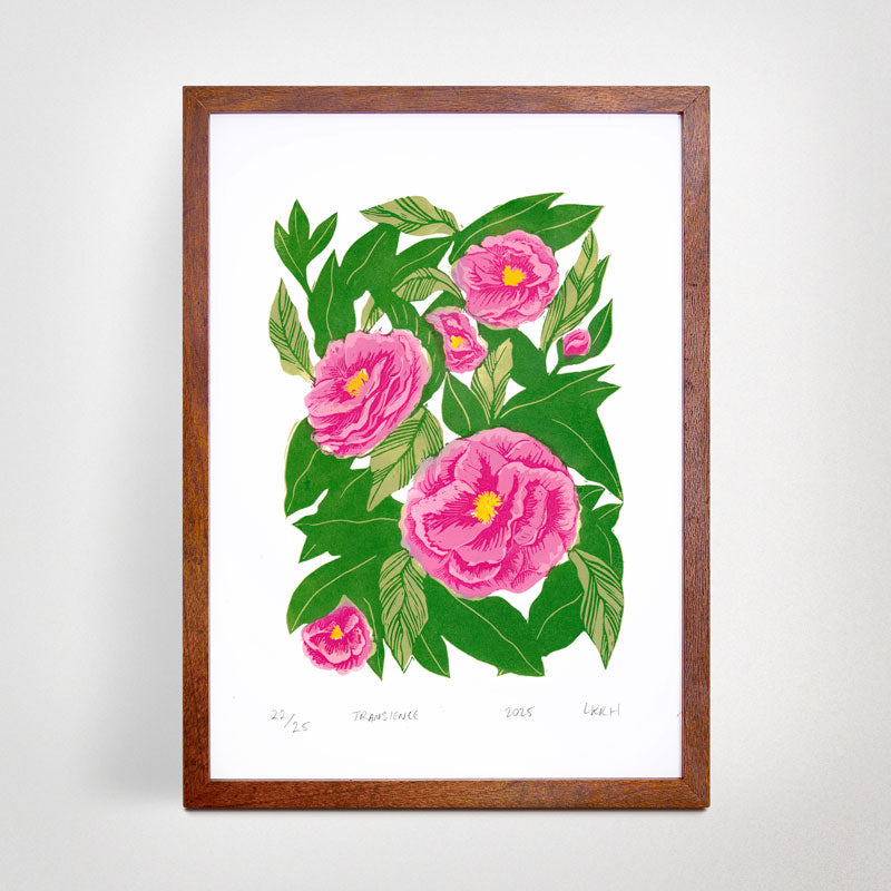 Full view of Transience botanical reduction linoprint, limited edition of 25, handmade in Australia.