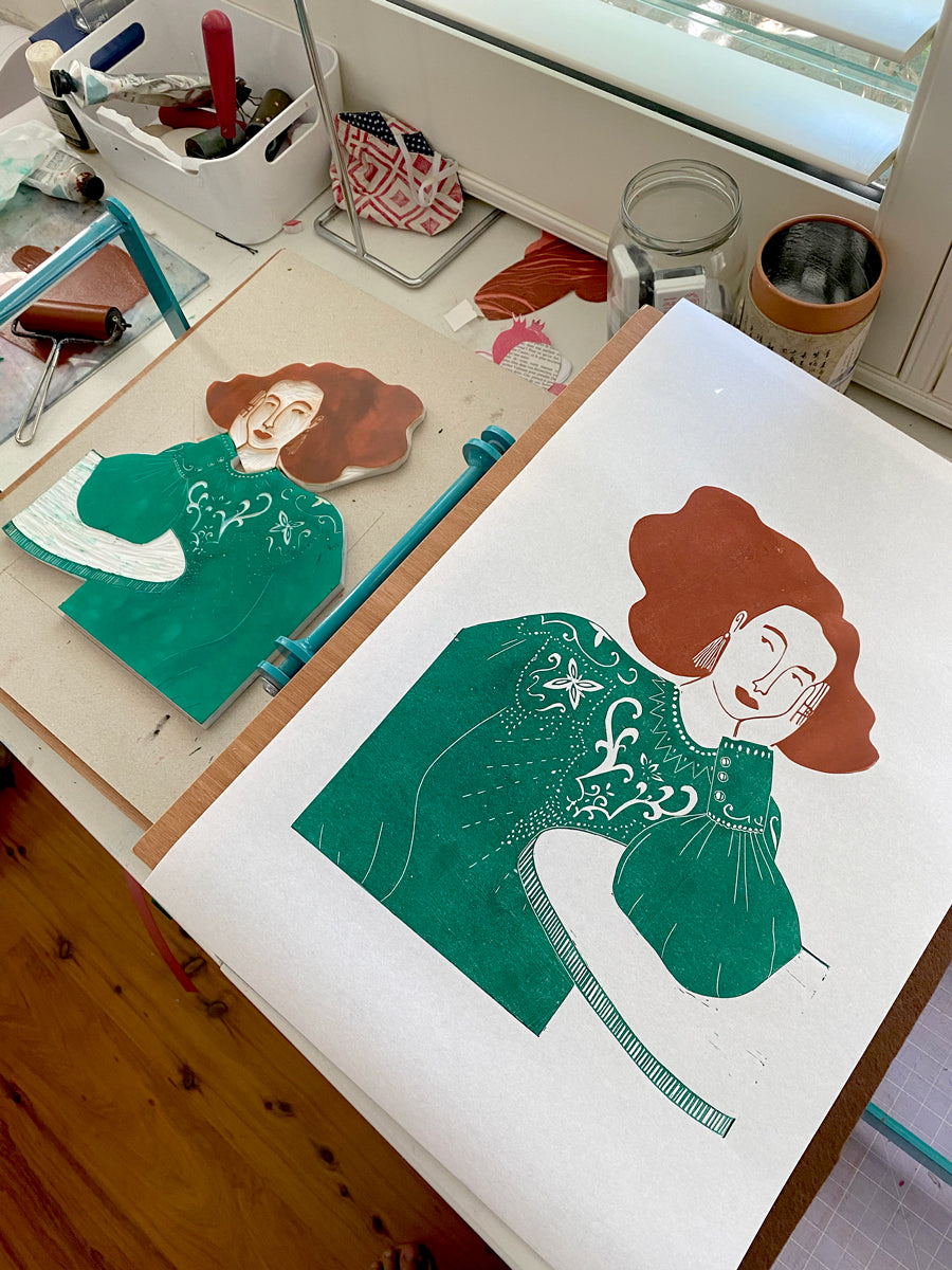 &#39;All dressed up&#39; Linoprint, original artwork, handmade in Sydney