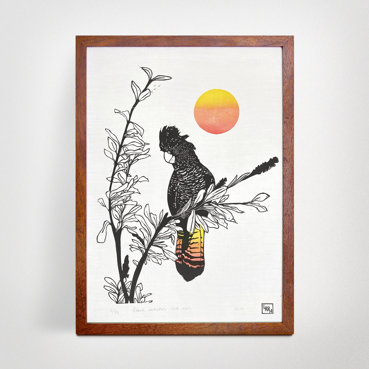 Black Cockatoo, Red Sun Linoprint, original artwork, handmade in Sydney