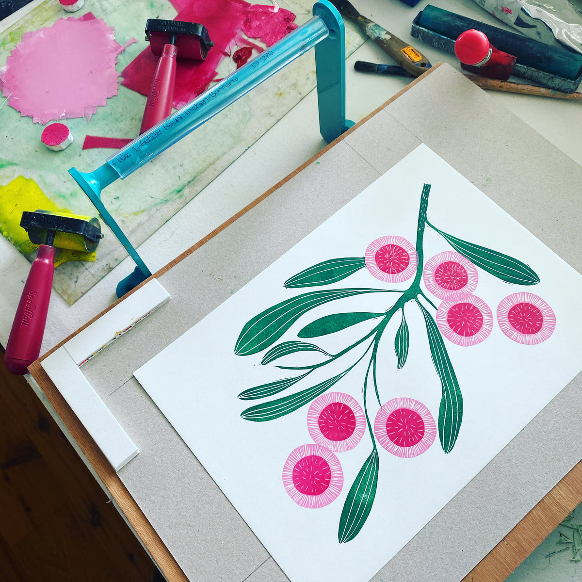 Australian native flower linoprint, Hakea Laurina artwork, handmade in Sydney